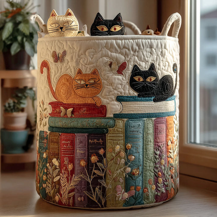Quilted Cat Pattern Laundry Basket, Foldable Fabric Hamper with Handles 1