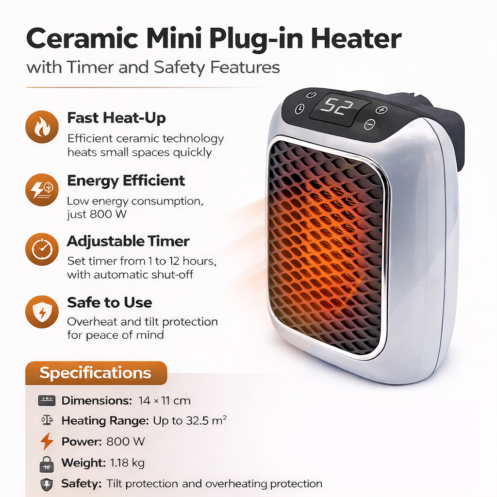 Ceramic Plug-In Heater 800W with Timer, Tip-Over and Overheat Protection, Quiet 3