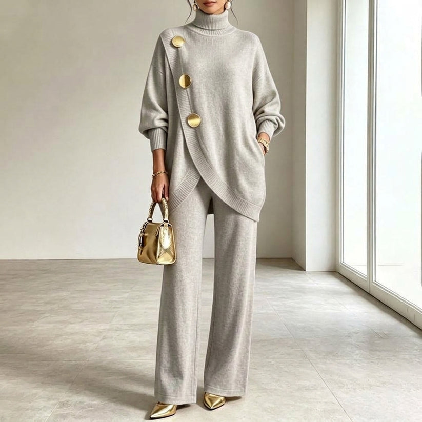 Two-Piece Knit Set with Asymmetric Button Top and Wide-Leg Pants 3