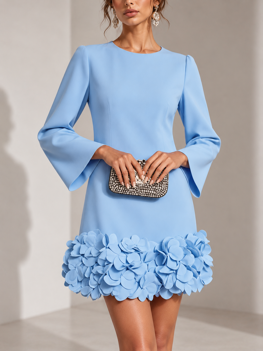 Elegant Short Dress with 3D Floral Appliqué and Flared Long Sleeves 5