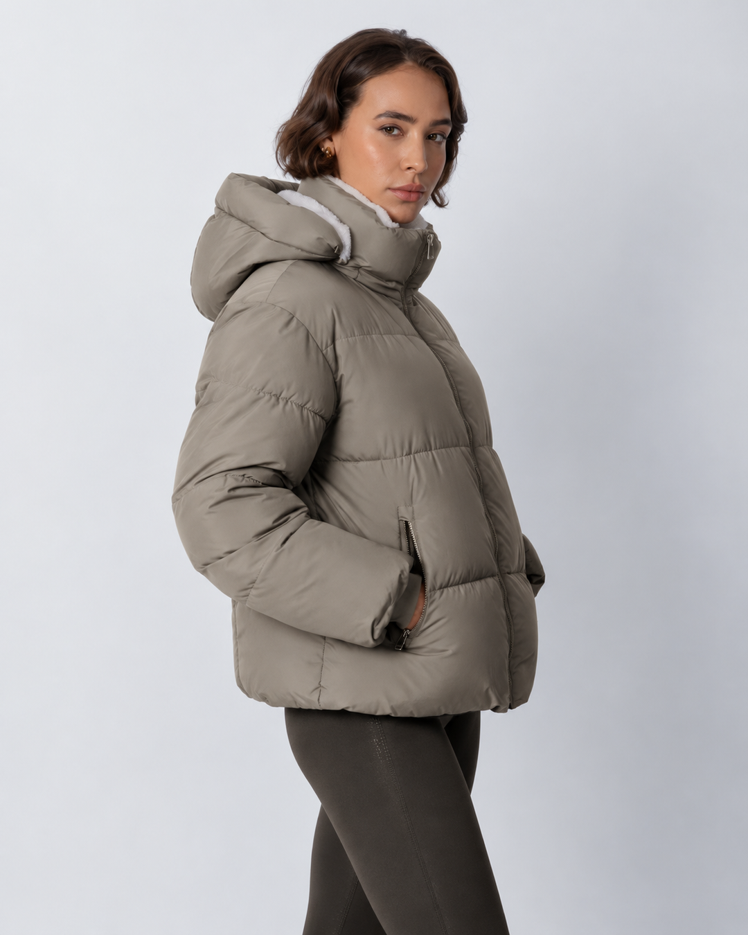 Women's Cropped Padded Puffer Jacket with Detachable Hood and Fleece Lining 19