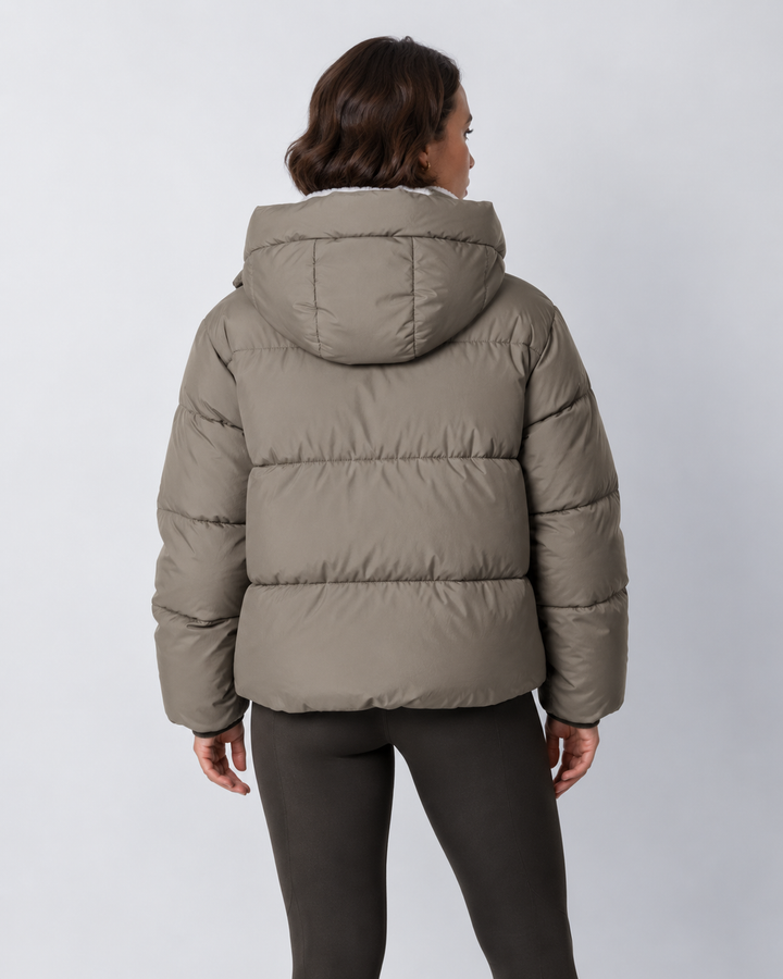 Women's Cropped Padded Puffer Jacket with Detachable Hood and Fleece Lining 20