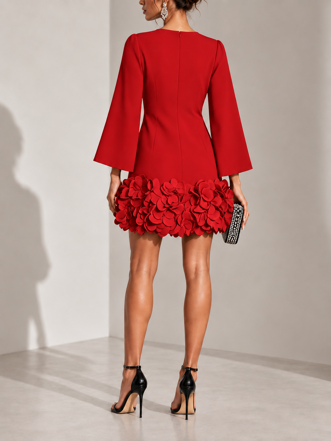 Elegant Short Dress with 3D Floral Appliqué and Flared Long Sleeves 15