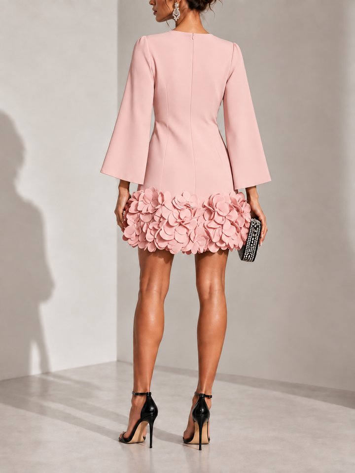 Elegant Short Dress with 3D Floral Appliqué and Flared Long Sleeves 10