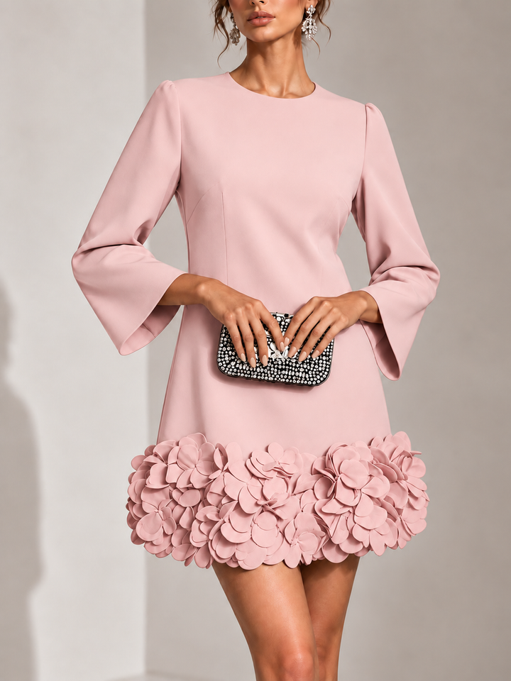 Elegant Short Dress with 3D Floral Appliqué and Flared Long Sleeves 9