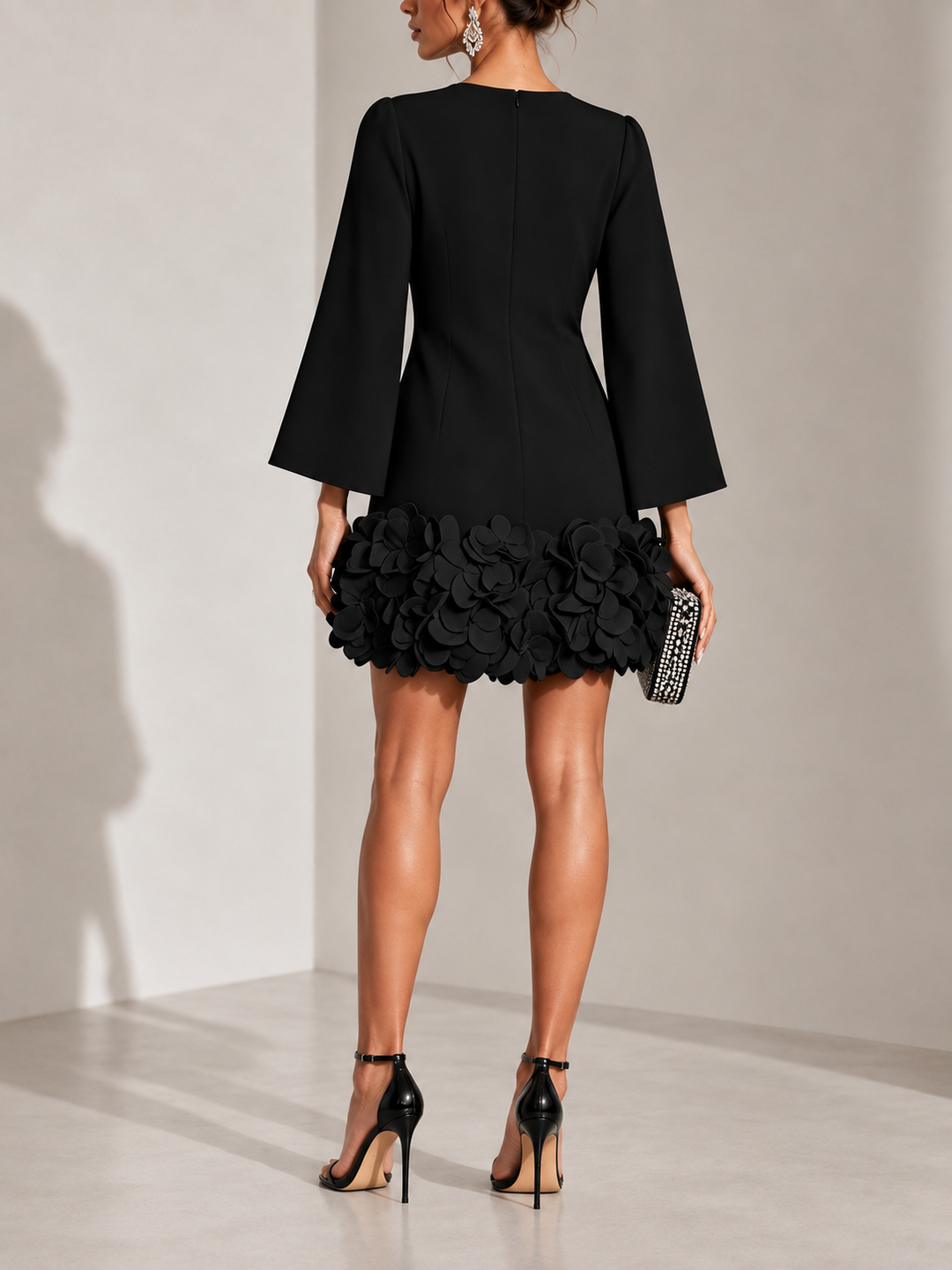 Elegant Short Dress with 3D Floral Appliqué and Flared Long Sleeves 3