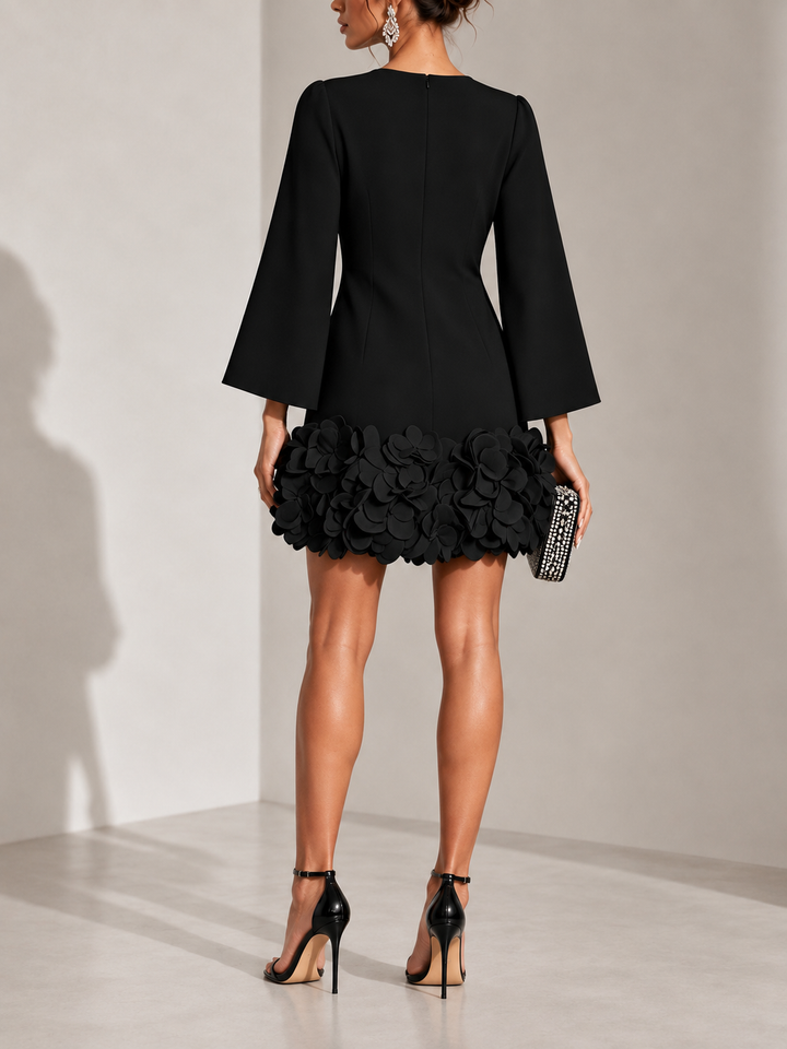 Elegant Short Dress with 3D Floral Appliqué and Flared Long Sleeves 3