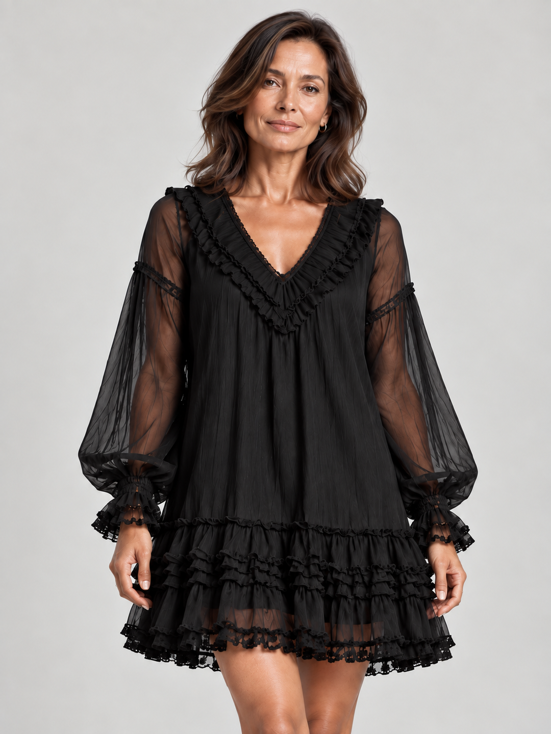 Flowy Ruffled Dress with V-Neck and Sheer Long Sleeves 1