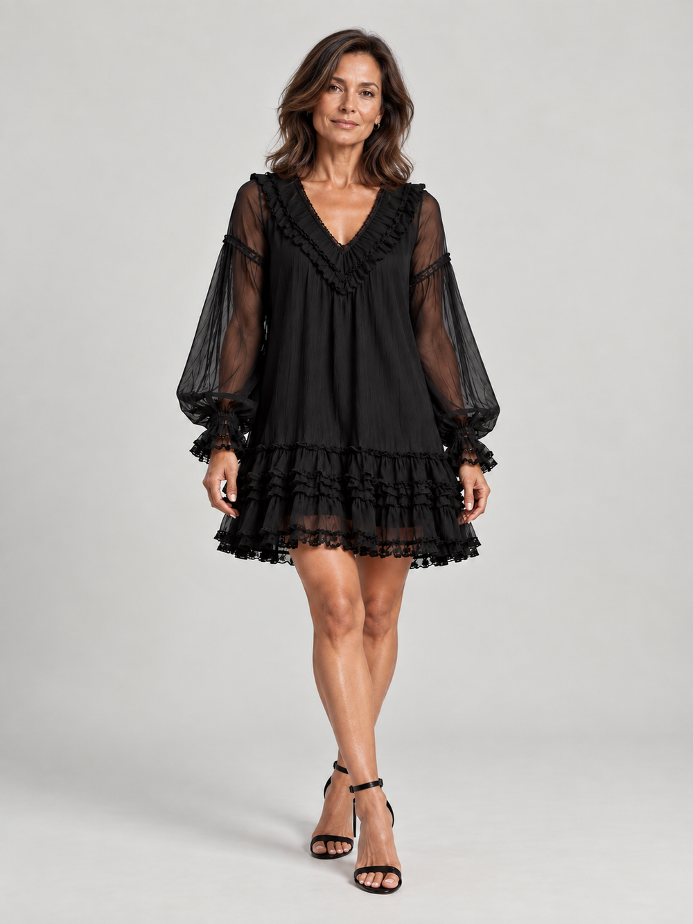 Flowy Ruffled Dress with V-Neck and Sheer Long Sleeves 2