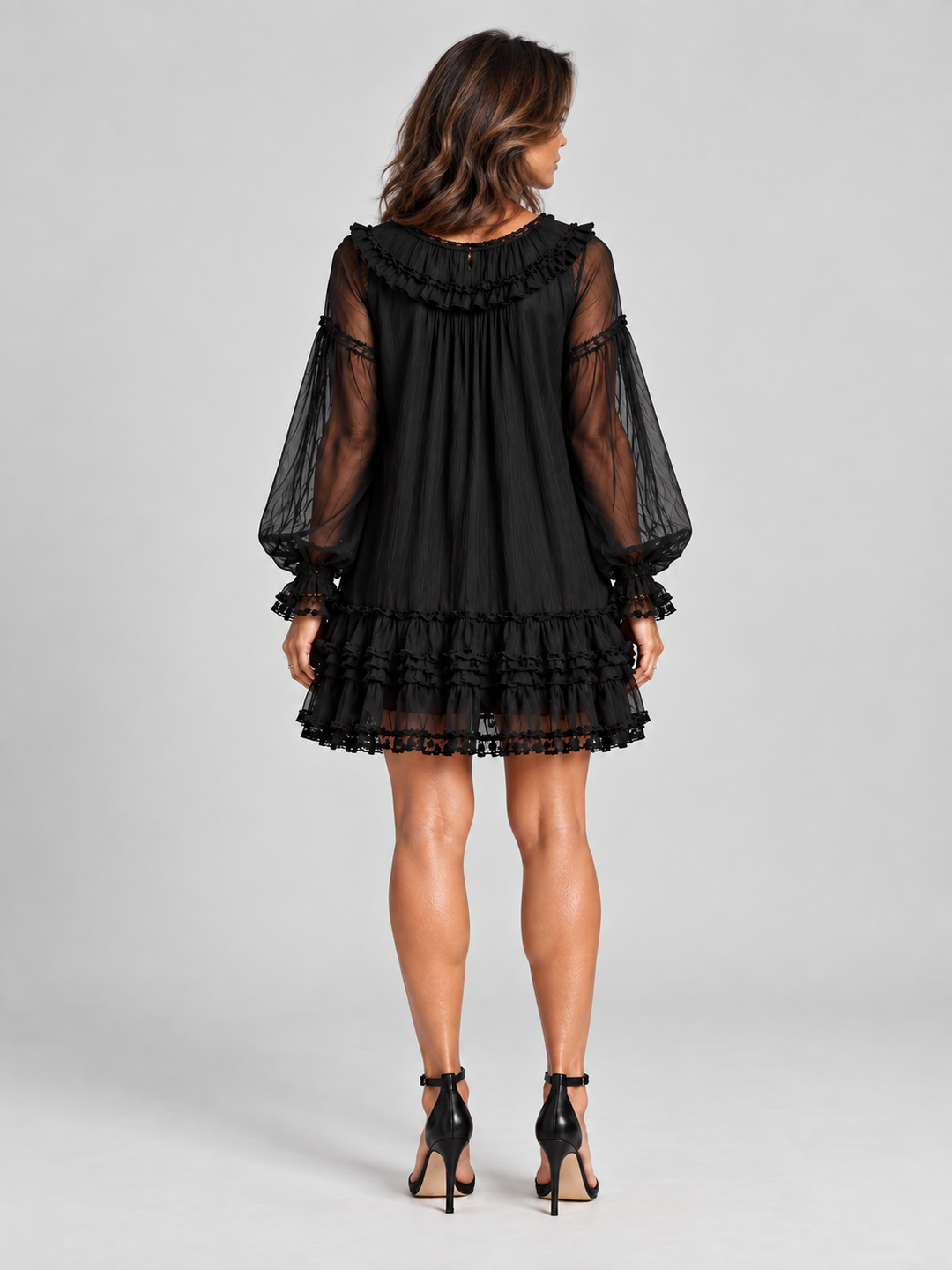 Flowy Ruffled Dress with V-Neck and Sheer Long Sleeves 4