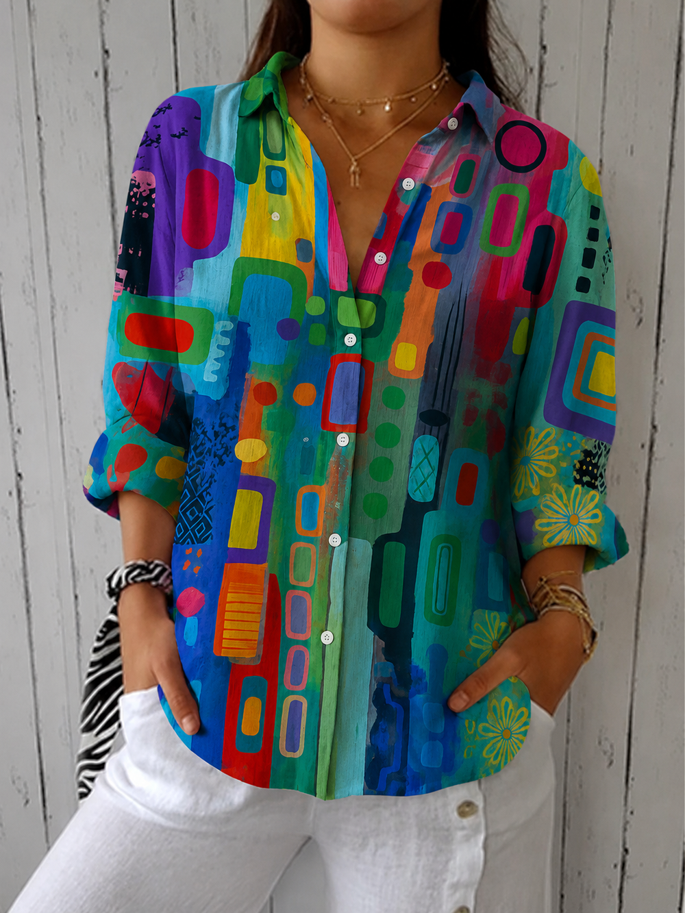 Women's Artistic Patterned Button-Up Blouse with Relaxed Fit 2