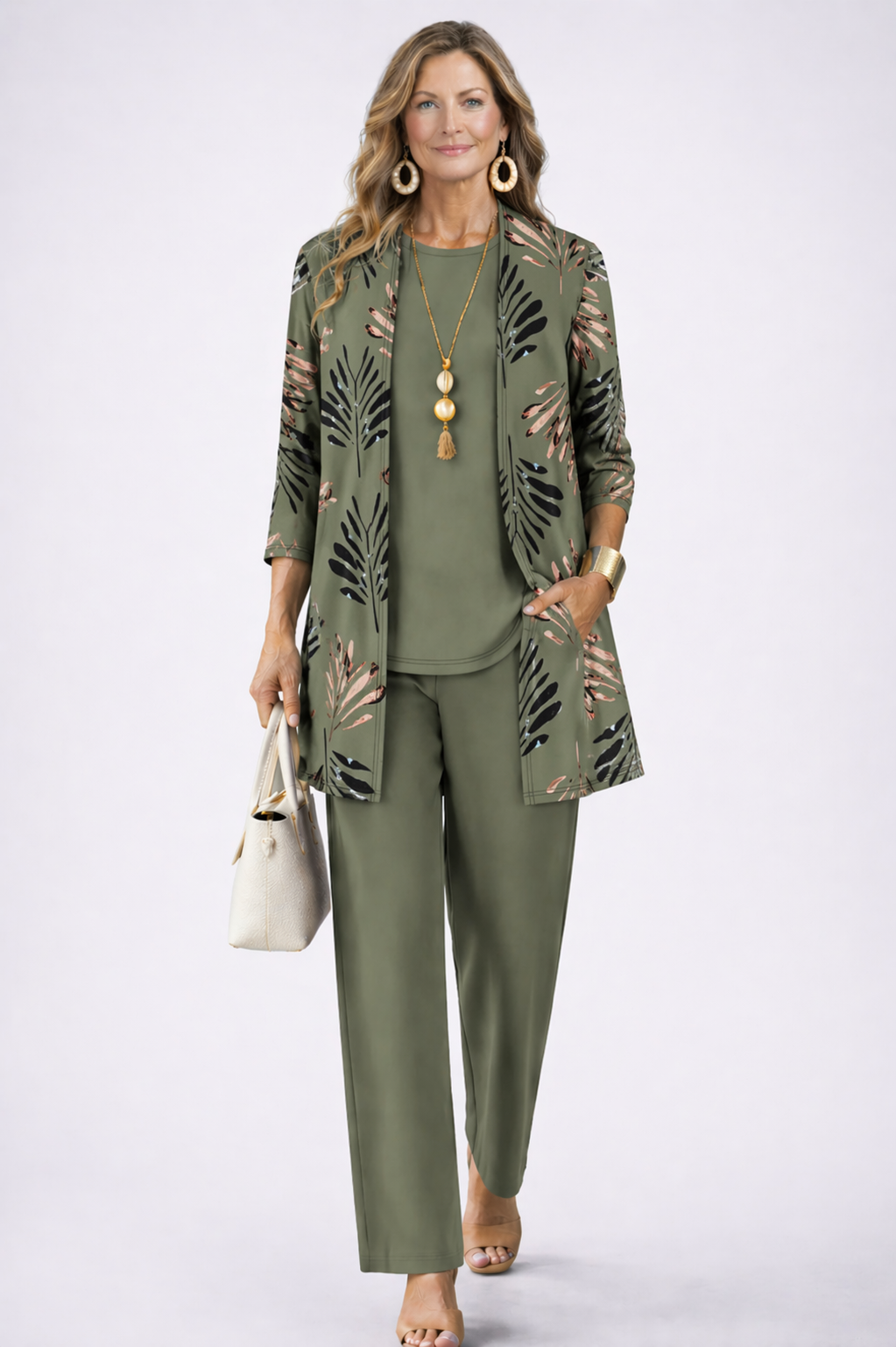 Women's 3-Piece Set with Printed Open Cardigan, Tee and Wide Pants 1