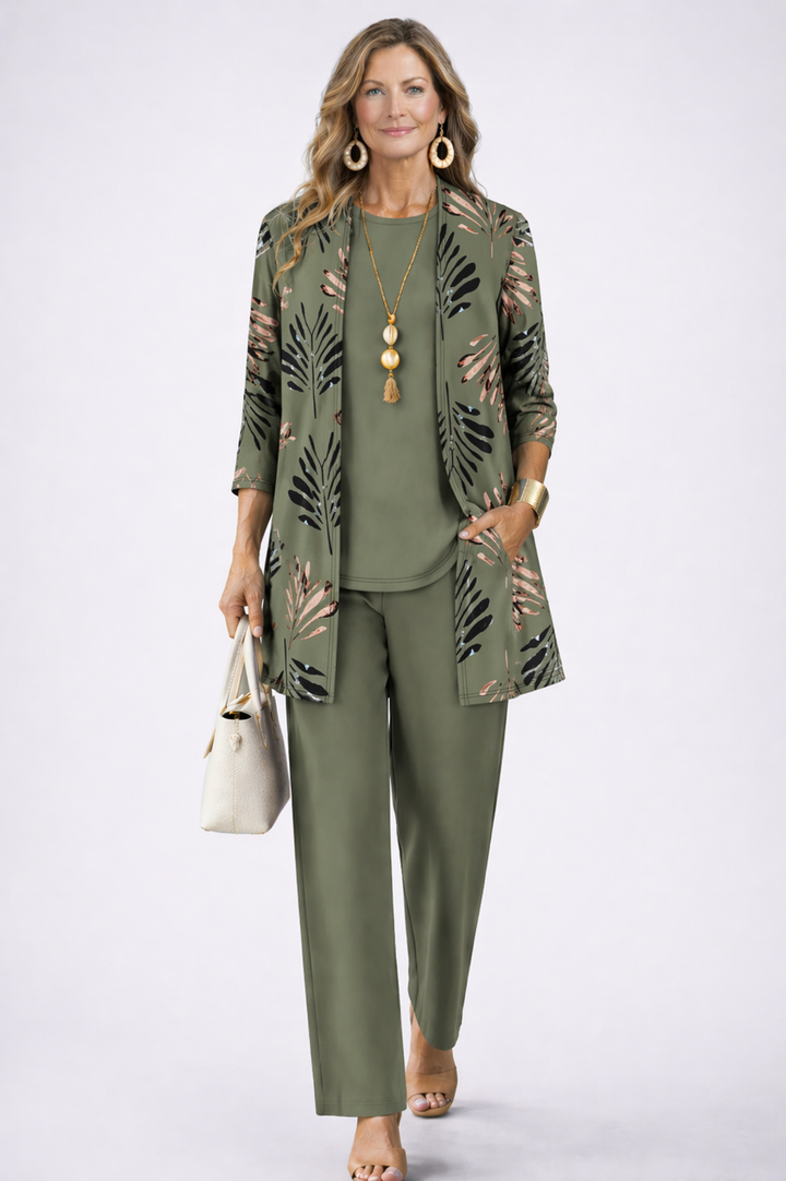 Women's Three-Piece Set with Elegant Printed Cardigan, Top and Wide-Leg Pants 1