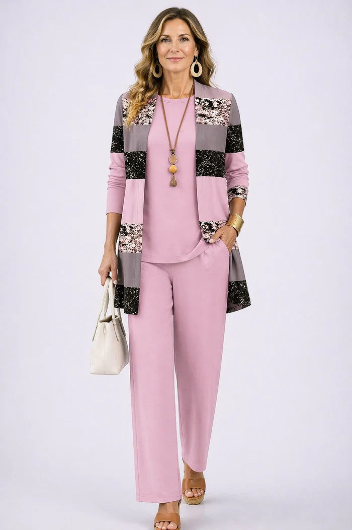 Women's 3-Piece Set with Printed Open Cardigan, Tee and Wide Pants 5