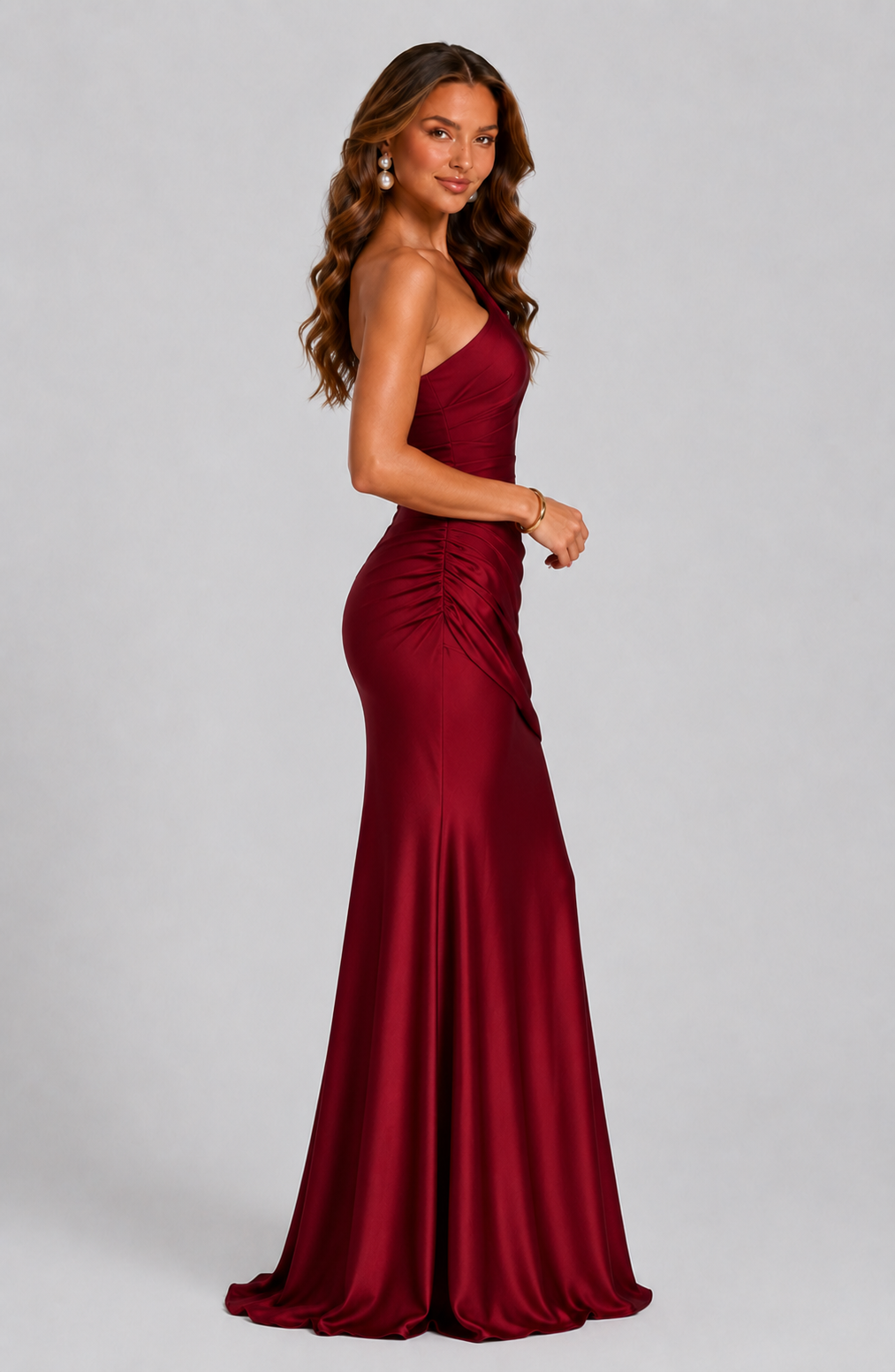 One Shoulder Draped Satin Maxi Dress 11