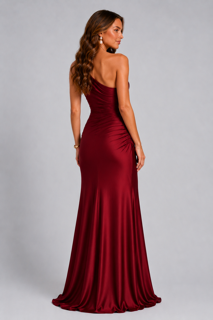 One Shoulder Draped Satin Maxi Dress 10