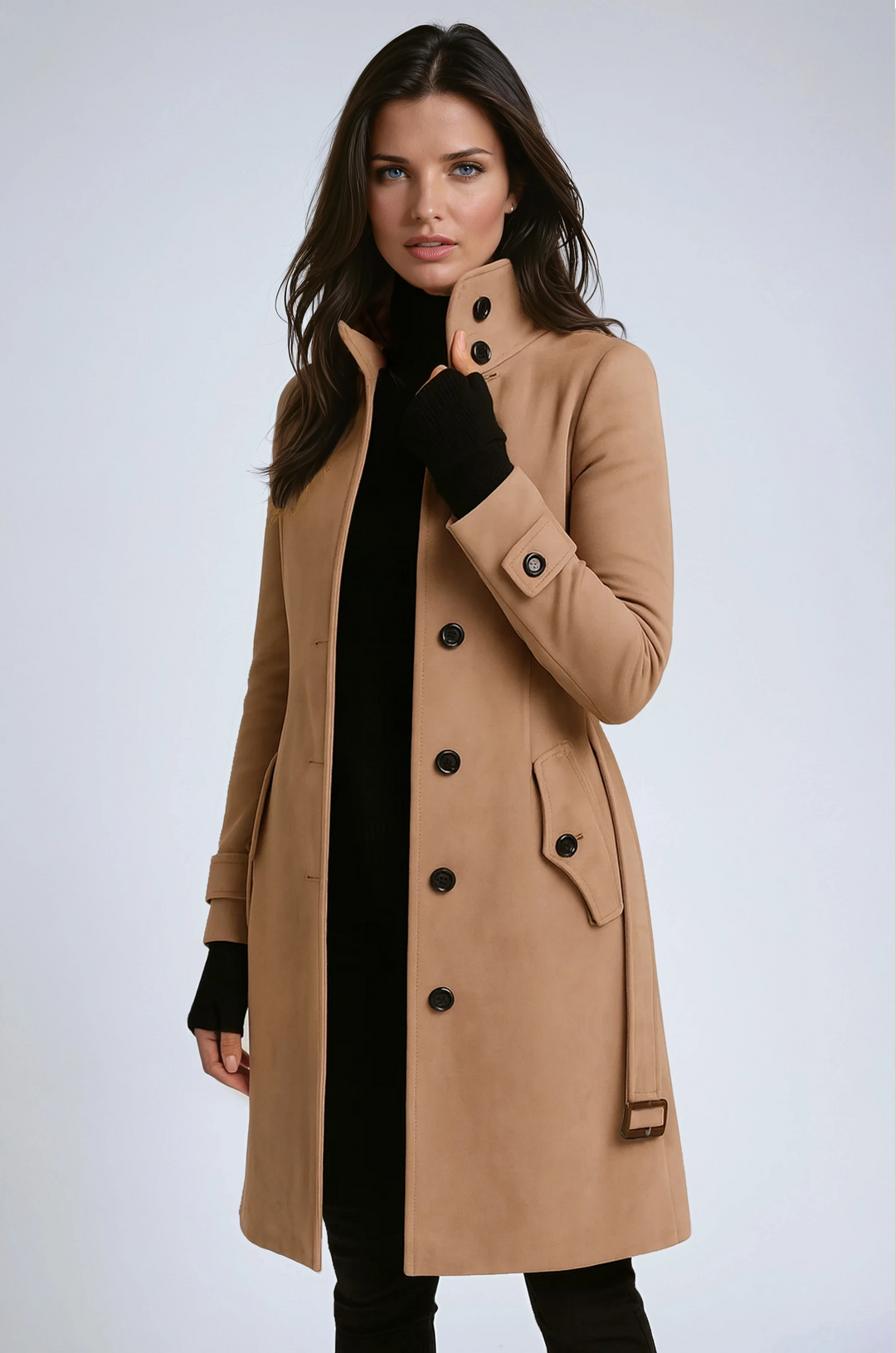 Women's Long Coat with Stand-Up Collar, Modern Chic Style 1