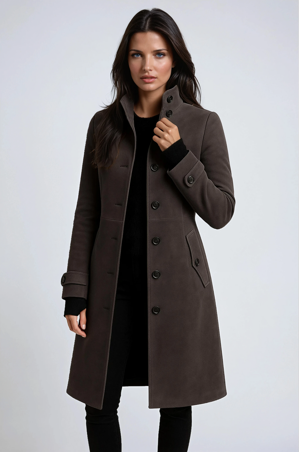 Women's Long Coat with Stand-Up Collar, Modern Chic Style 2