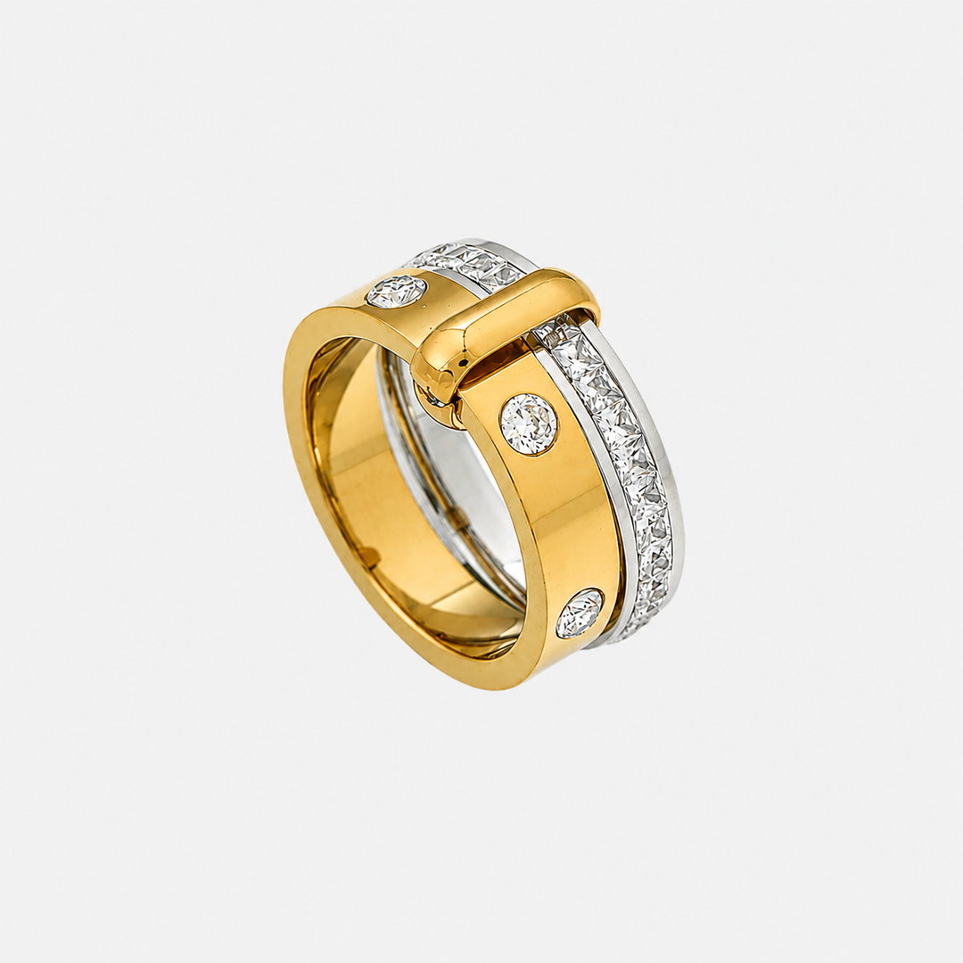 Two Tone Layered Gold and Silver Ring with Clear Stones 1