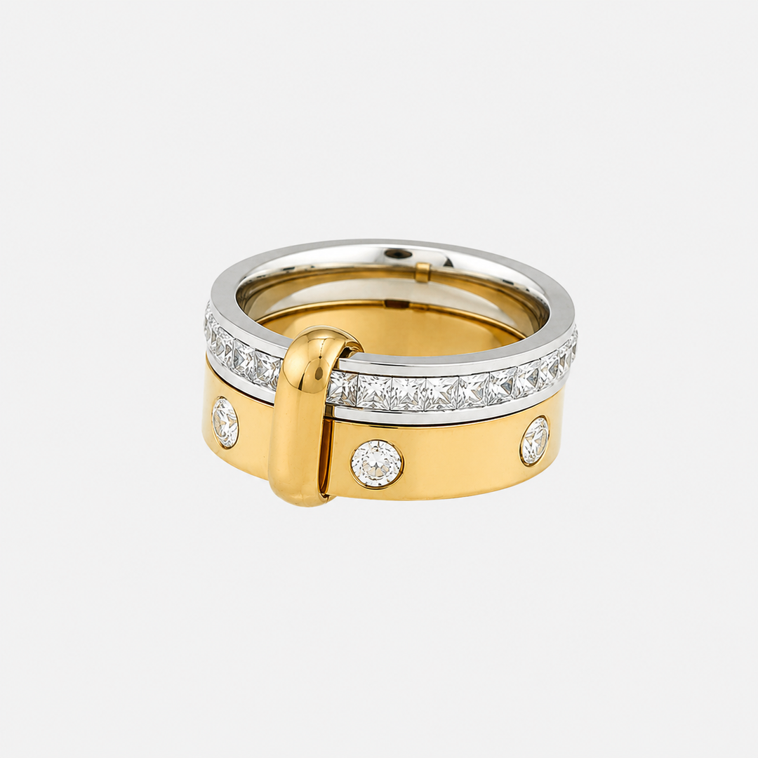 Two Tone Layered Gold and Silver Ring with Clear Stones 2