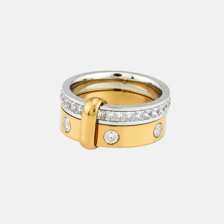 Two Tone Layered Gold and Silver Ring with Clear Stones 2