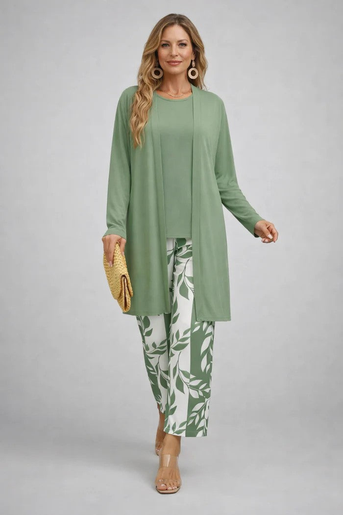 Women's 3-Piece Set with Printed Open Cardigan, Tee and Wide Pants 3