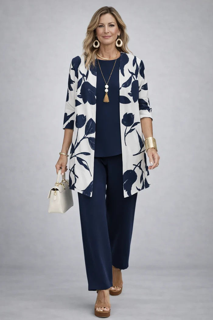 Women's Three-Piece Set with Elegant Printed Cardigan, Top and Wide-Leg Pants 8