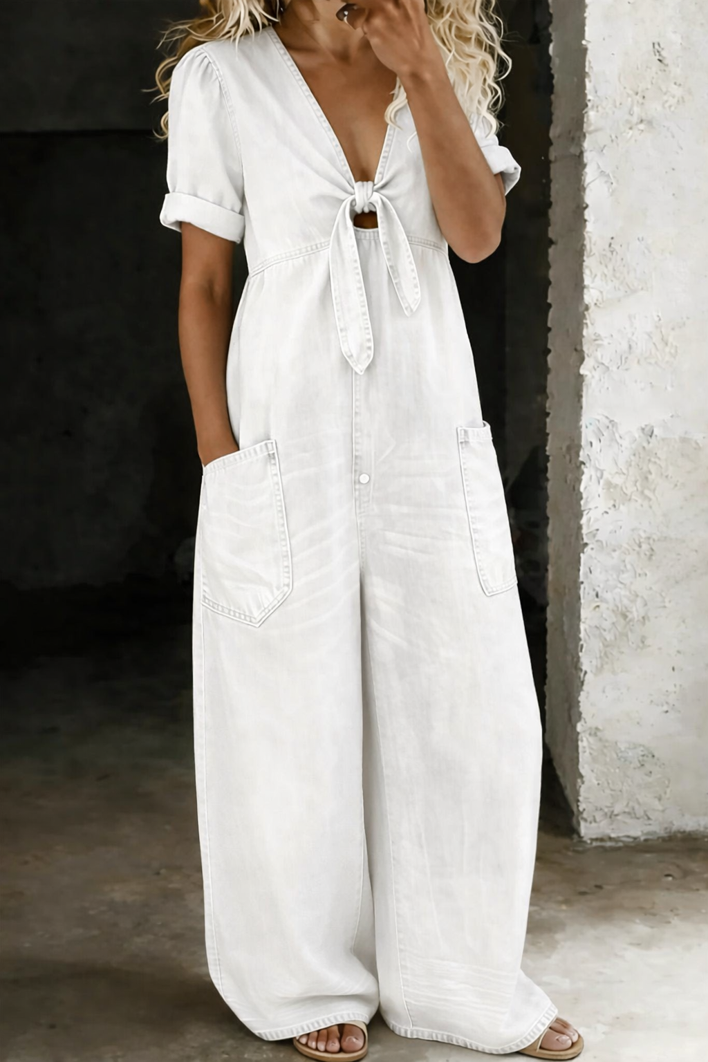 Denim Jumpsuit with Tie-Front V-Neck and Wide Legs 4
