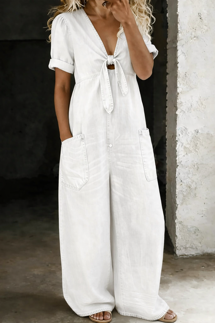 Denim Jumpsuit with Tie-Front V-Neck and Wide Legs 4