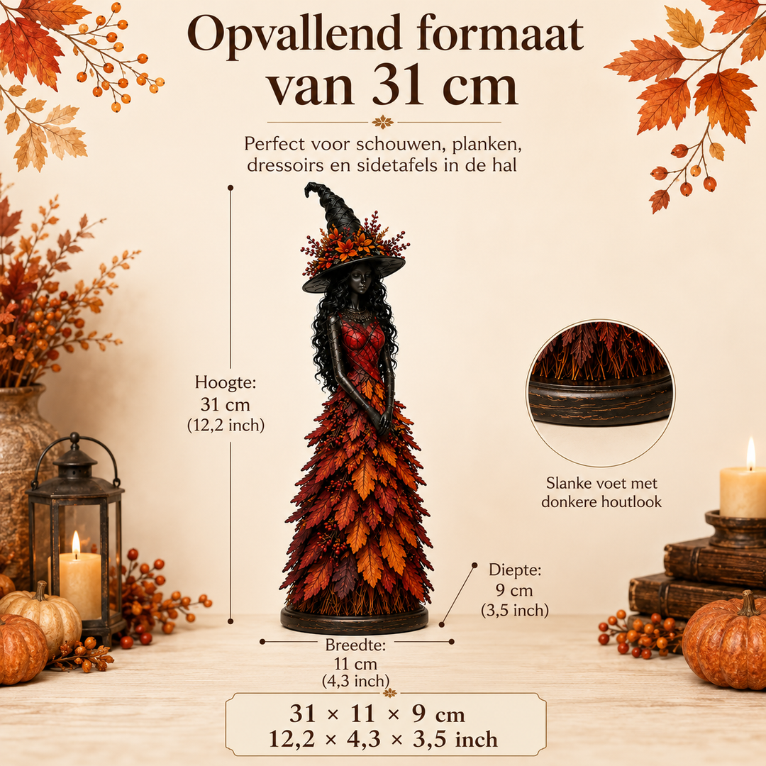 Handmade Autumn Witch Figurine with Hand-Painted Leaf Details 3