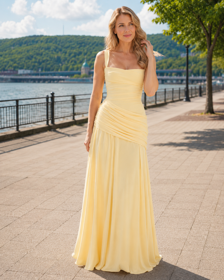 Women's Maxi Dress with Square Neckline and Side Draping 1