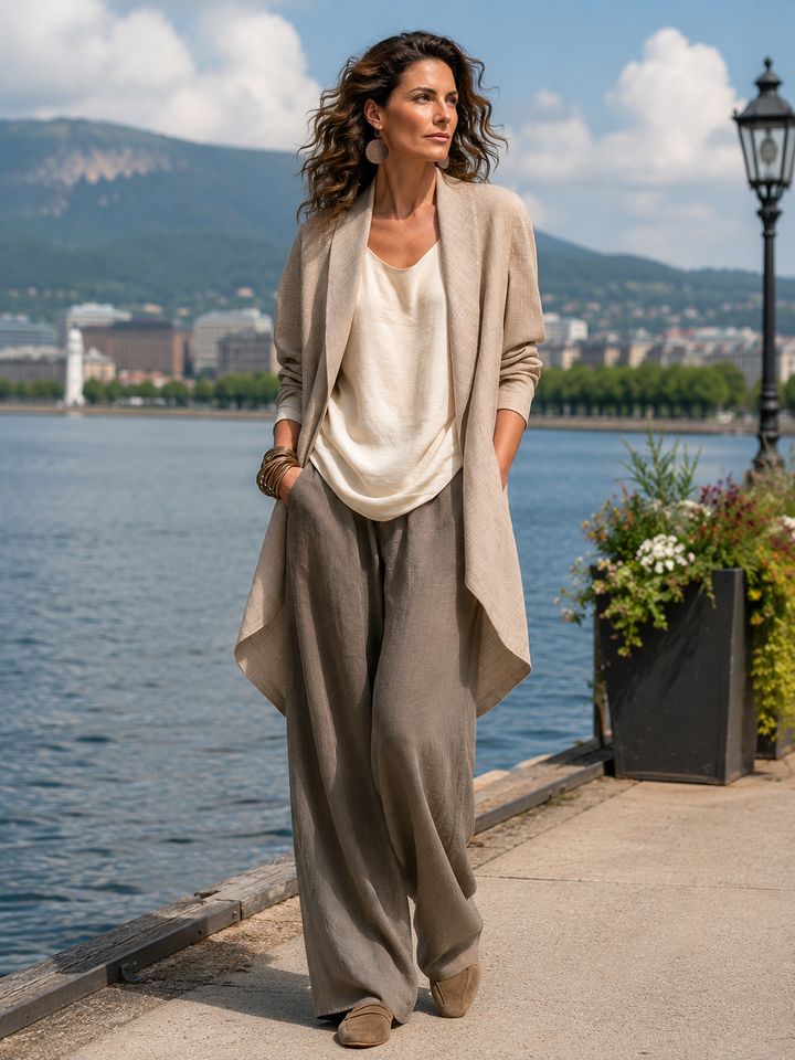 Women's 3-Piece Linen-Look Set with Open Long Jacket, Top and Wide-Leg Pants 7
