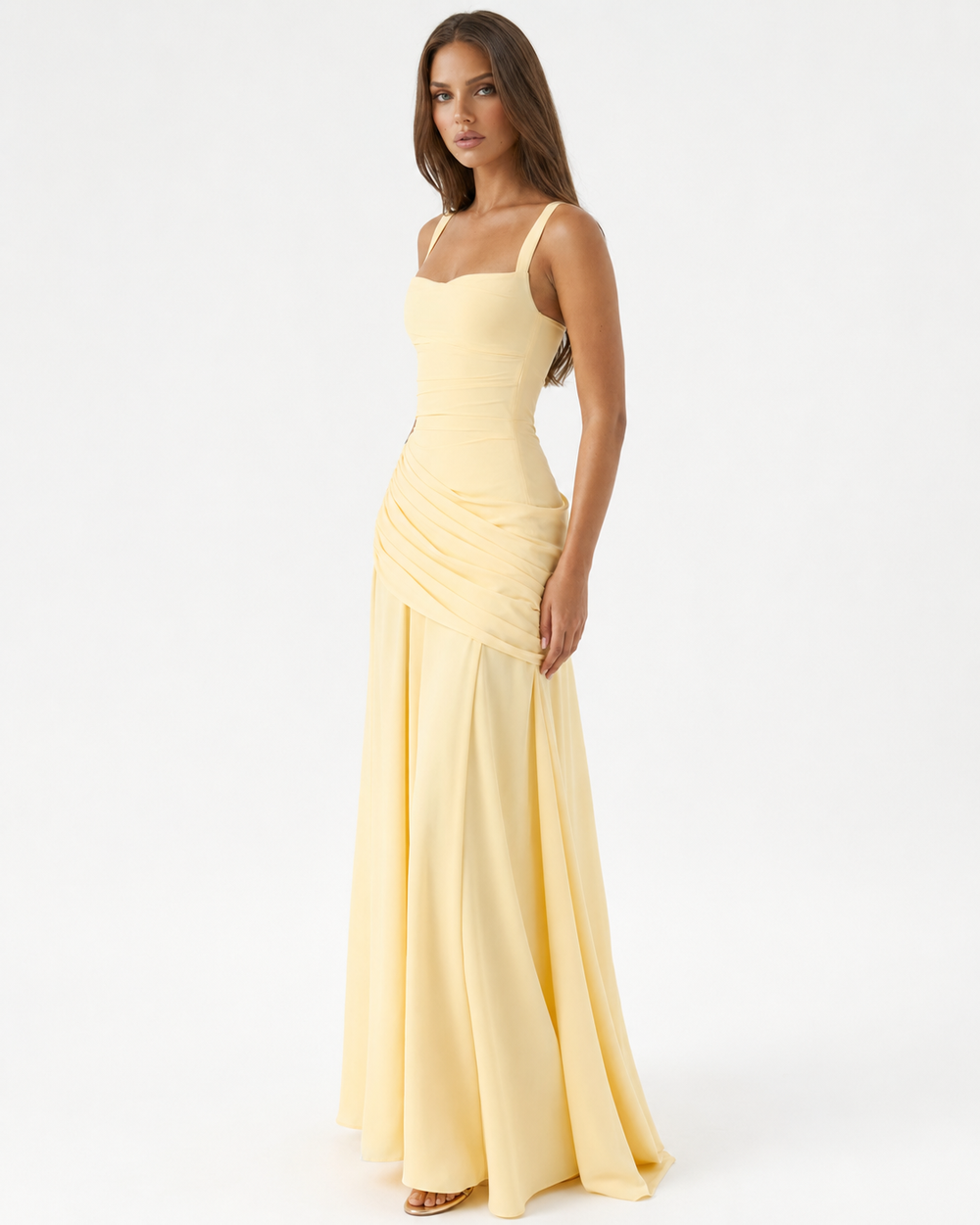 Women's Maxi Dress with Square Neckline and Side Draping 2