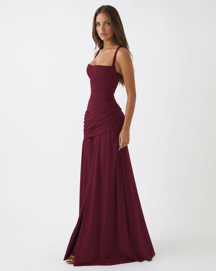 Women's Maxi Dress with Square Neckline and Side Draping 9