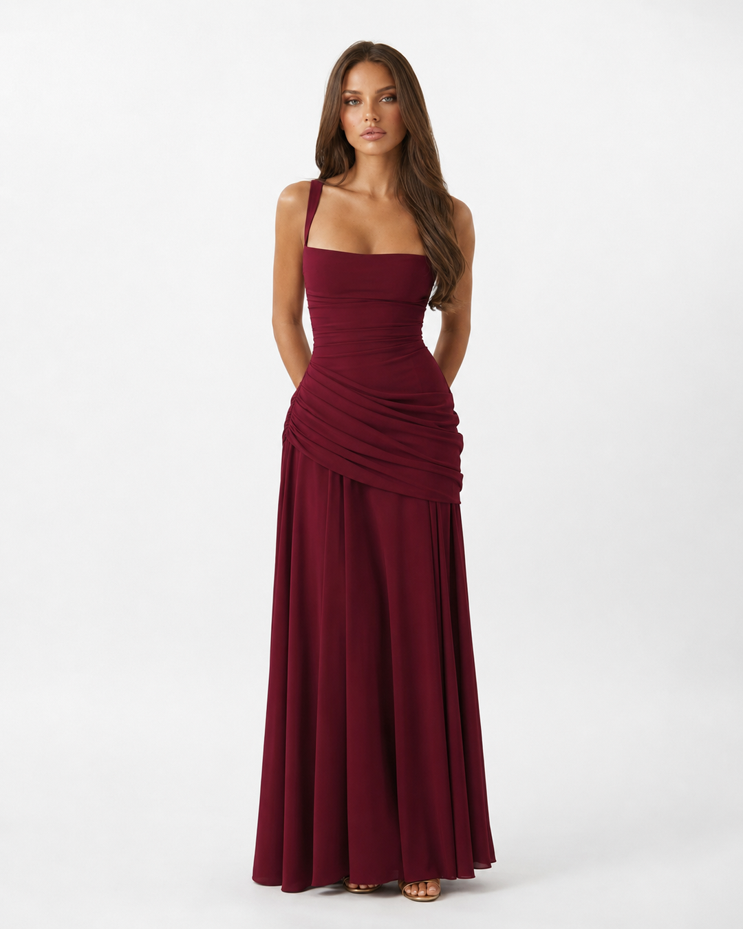 Women's Maxi Dress with Square Neck, Gathered Waist & Back Lace-Up 16