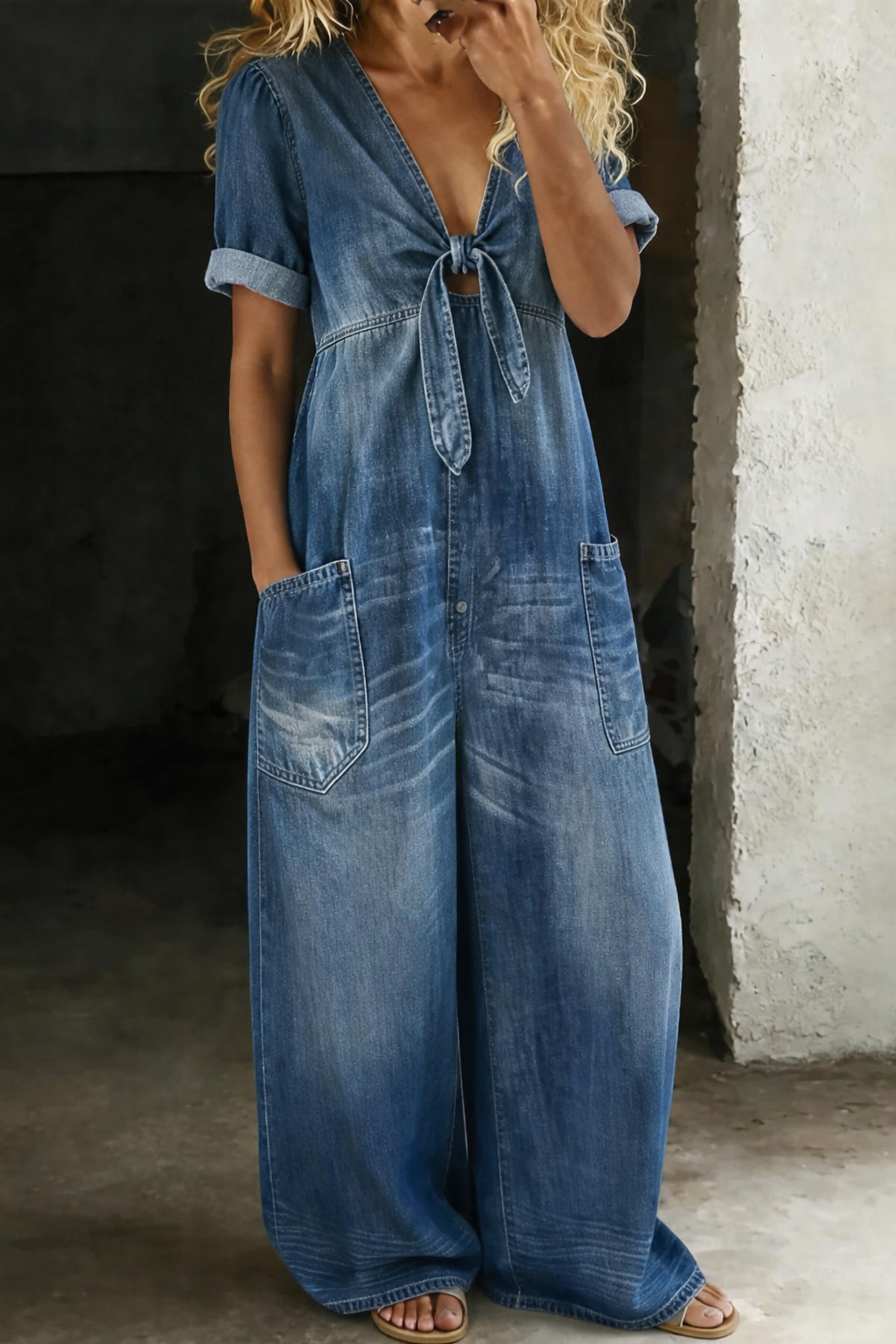 Denim Jumpsuit with Tie-Front V-Neck and Wide Legs 1