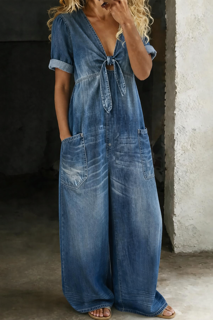 Denim Jumpsuit with Tie-Front V-Neck and Wide Legs 1