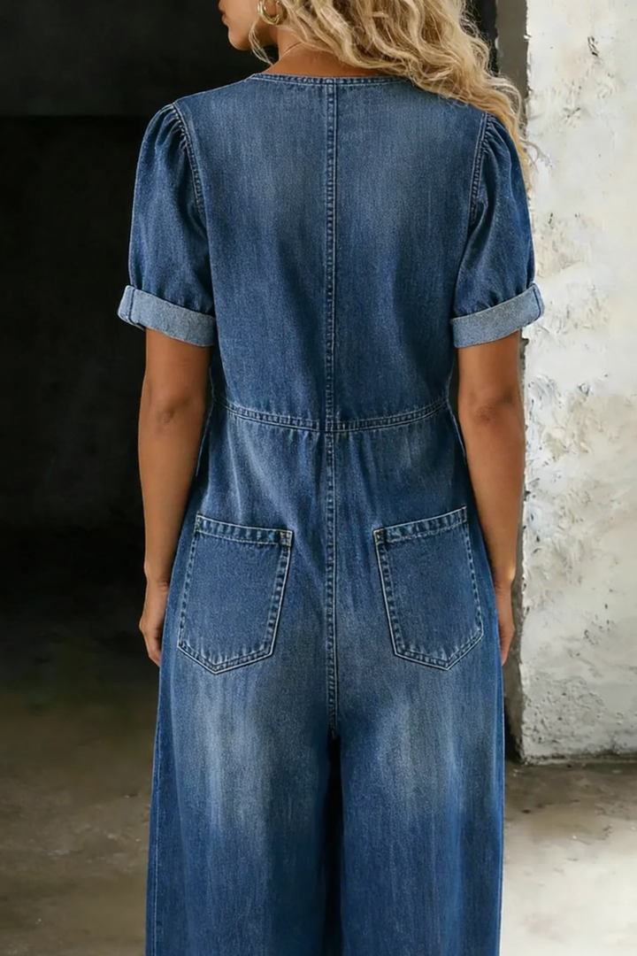 Denim Jumpsuit with Tie-Front V-Neck and Wide Legs 5