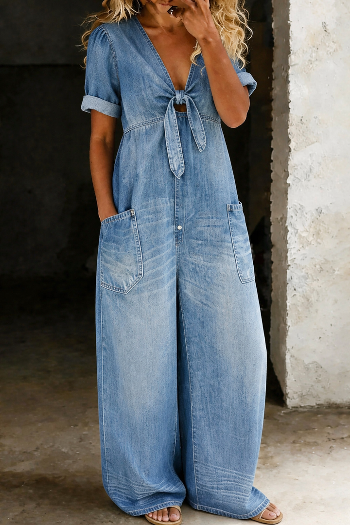 Denim Jumpsuit with Tie-Front V-Neck and Wide Legs 2