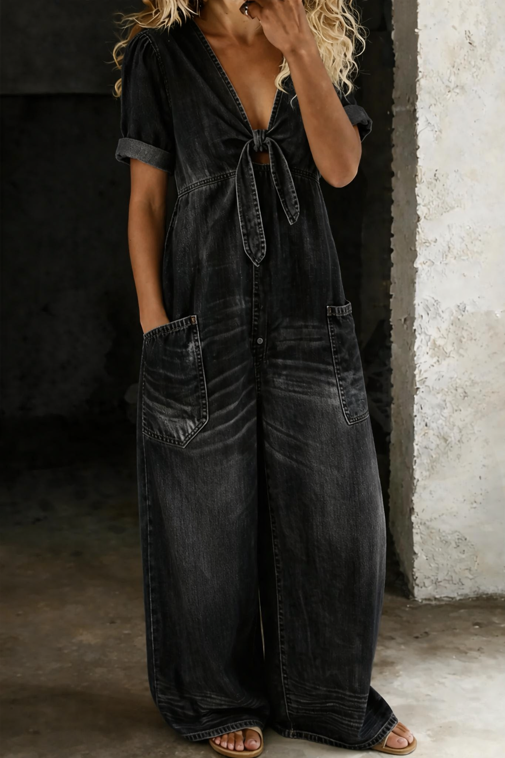 Denim Jumpsuit with Tie-Front V-Neck and Wide Legs 3