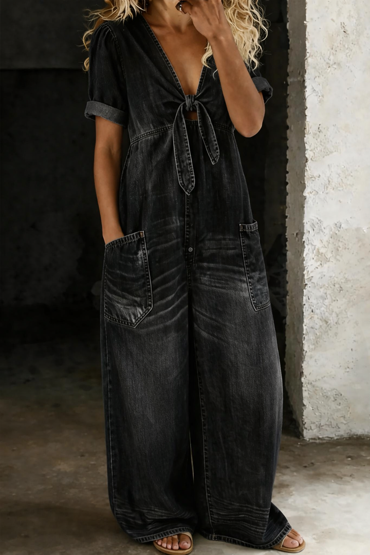 Denim Jumpsuit with Tie-Front V-Neck and Wide Legs 3