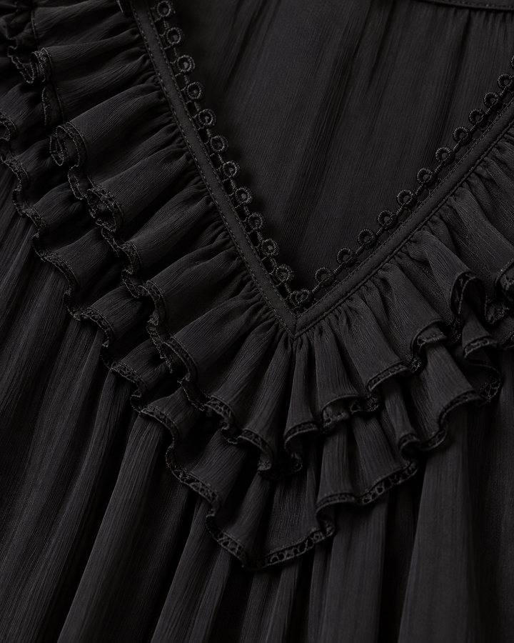 Flowy Ruffled Dress with V-Neck and Sheer Long Sleeves 5