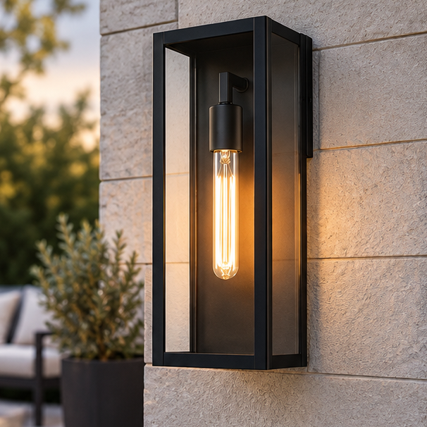 Modern Black Outdoor Wall Lantern with Clear Glass, Dusk to Dawn Sensor 2