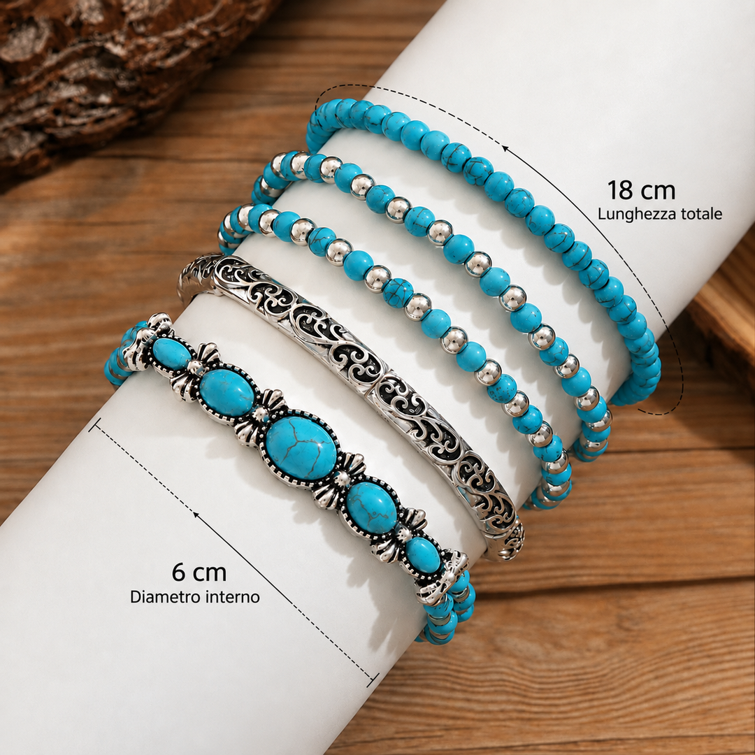 Turquoise Beaded Bracelet Set of 5 with Silver-Tone Details 4
