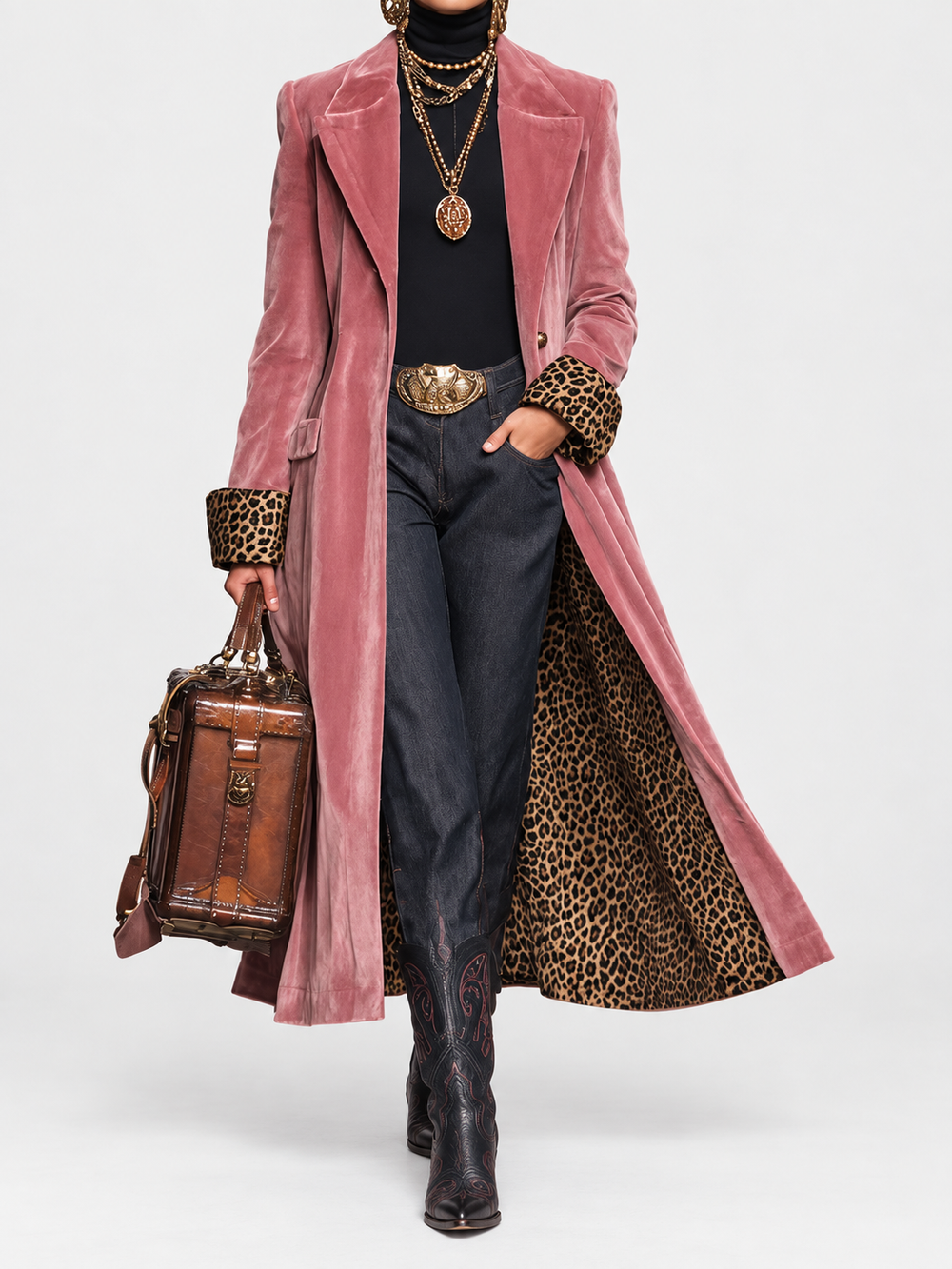 Longline Tailored Velvet-Effect Coat with Leopard-Print Lining 2