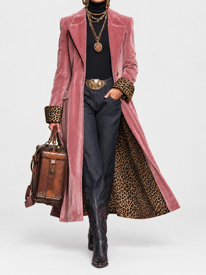 Longline Tailored Velvet-Effect Coat with Leopard-Print Lining 2