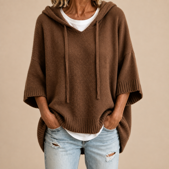 Knit Poncho with Hood and Three-Quarter Sleeves 3