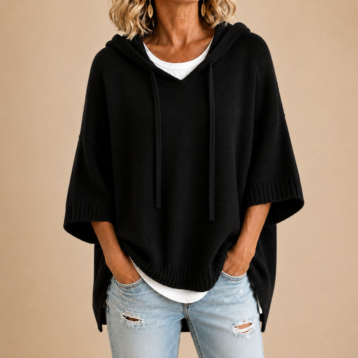 Knit Poncho with Hood and Three-Quarter Sleeves 1