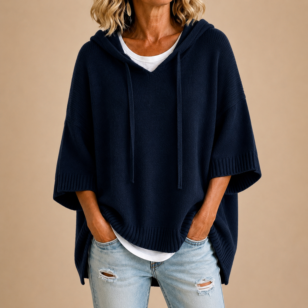 Knit Poncho with Hood and Three-Quarter Sleeves 7