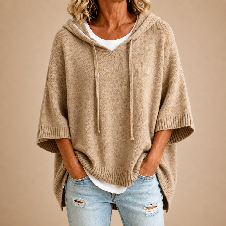 Knit Poncho with Hood and Three-Quarter Sleeves 6